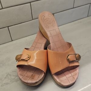 CHANEL Peach Mules with Gold Buckle